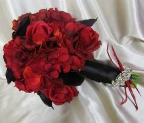 Real Touch Bridal Bouquet - Red and Black with Feather Accents