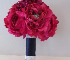 Silk Bridal Bouquet - Fuchsia Peonies and Ranunculus with Rhinestones