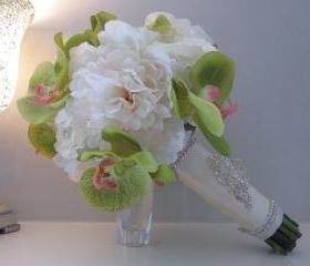 Real Touch Wedding Bouquet - Green Orchids and White Peonies and Roses