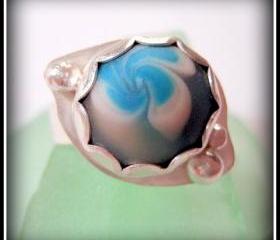 Ring - Sterling Blue and White Artisan Glass Flower