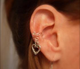 Ear Cuff, Dainty and Feminine Silver Cuff with Heart Charm 