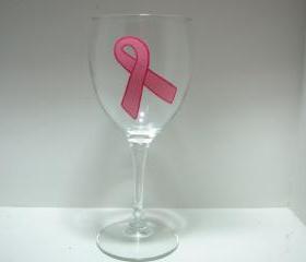 Pink Ribbon Handpainted Wine Glass Breast Cancer Awareness