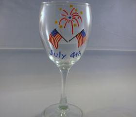 Handpainted Wine Glass 4th of July Flag and Fireworks