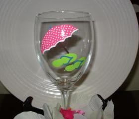 Beach Umbrella and Flip Flop Wine Glass Handpainted Personalized