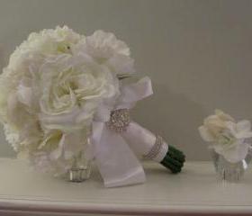 Real Touch Bridal Bouquet - White Peonies and Roses