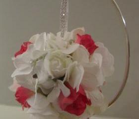 Silk Flower Girl Pomander - White Hydrangea and Fuchsia Rosebuds with Rhinestone Handle