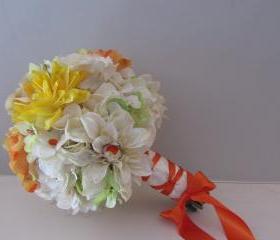 Silk Wedding Bouquet - Vibrant Yellow, Orange, Green and Ivory