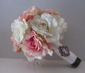 Real Touch Bridal Bouquet - Antique Rose and Ivory with Cameo Brooch