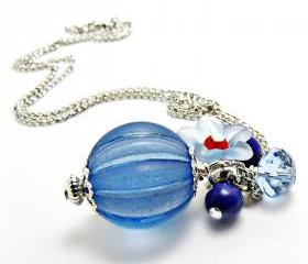 Blue Lucite Necklace w/ Lapis- Blue Jewelry- Lapis Jewelry-Summer Jewelry-Nautical Jewelry-Blue and Red- Czech Crystal Jewelry-