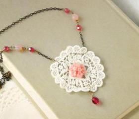 Emma necklace - 'Treasures' collection, lace doily vintage retro style, white and pink
