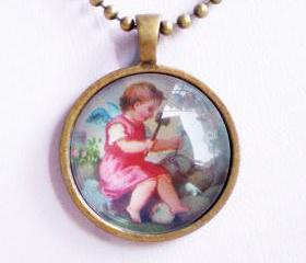 Little Angel Necklace, Tiny Angel Playing with Stone, Vintage Image Accessory