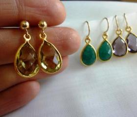 emerald green onyx gold dangle earrings-purple amythest quartz earrings-peridot green quartz stud earrings-teardrop gemstone earrings