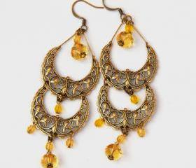 Yellow Antique Brass Filigree Beaded Earrings by Kashmira Patel