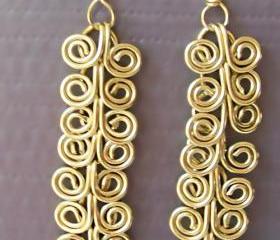 Dangle Earrings Pair, Custom Length, Golden Brass Egyptian Swirl Link