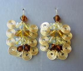 Dangle Earrings Pair, Custom Length, Golden Brass Egyptian Swirl Link and Shades of Yellow and Amber fire polished beads