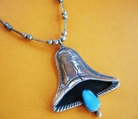 Vintage Liberty Bell Necklace Pendant Turquoise and Sterling Silver