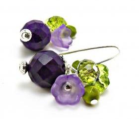 Sugalite and Czech Glass Earrings on Sterling- Purple Earrings- Purple Jewelry-green Earrings-Green Jewelry-Flower Earrings-Flower Jewelry- Floral - Summer Earrings- Summer Jewelry