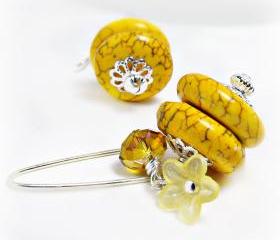 Yellow Magnesite Turquoise Earrings- Yellow Jewelry-Summer Jewelry- Czech Crystal Jewlery-Flower Earrings-Flower Jewelry-