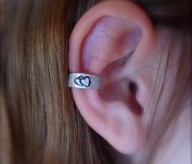 Ear Cuff, Hand Hammered Aluminum with a cute double heart stamped into the metal and blackened