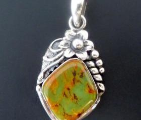 Sterling Silver Turquoise Bespoke Pendant - OOAK Silver and Green Turquoise Pendant