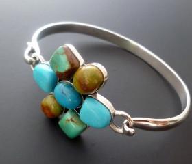 Silver Turquoise Bangle - Sterling Silver and Turquoise Flower Bracelet -OOAK
