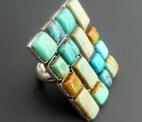 Turquoise Statement Ring - Huge Sterling Silver and Trurquoise Mosaic Statement Ring - Size 9.75