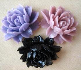 3PCS - Ruffle Roses - 45x35mm - Lilac, Black and Mauve - Cabochons by ZARDENIA