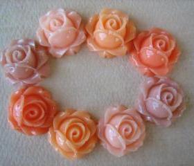 8PCS - Cabbage Rose Flower Cabochons - 15mm - Resin - Peach Pastels - Findings by ZARDENIA