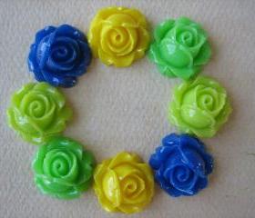 8PCS - Cabbage Rose Flower Cabochons - 15mm - Resin - Blue, Yellow and Greens - Findings by ZARDENIA