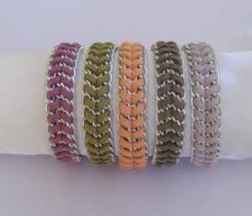 Fashion Braided Silver Chain Bracelet, Suede Cord in olive, peach, violet, dove grey, or lavender CHOOSE your color