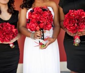 Real Touch Bridal Bouquet - Red and Black with Feather Accents