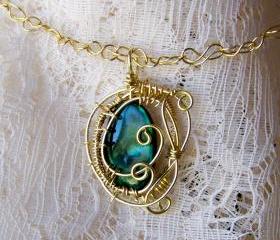 Necklace - Solid Brass Wire Wrapped - Green Shell