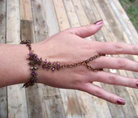 Slave Bracelet and Ring - Solid Antiqued Copper Wire - Saphire or Indicolite blue, AB coated Crystal Bicones