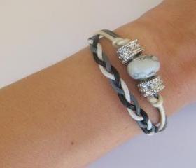 Cosy line beaded and braided bracelets, white and grey, set of 2, european gemstone bead