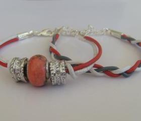 Cosy line beaded and braided bracelets, red and white, set of 2, european gemstone bead
