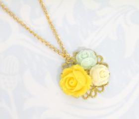 Gold Flora Necklace Maison Dual Gold Tone Resin Roses Flower Long Necklace