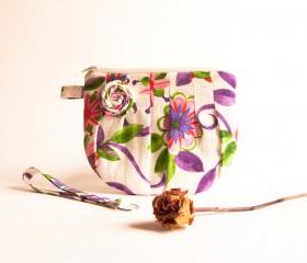 Romantic Rosebud pleats in white cream colorful with lilac violet zippered pouch, purse, clutch, wristlet by Lolos 