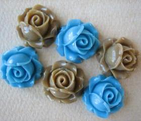 6PCS - Cabbage Rose Flower Cabochons - 15mm - Resin - Blue and Latte - Findings by ZARDENIA
