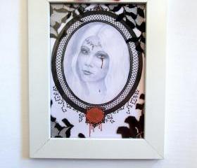 Framed portrait reproduction of a woman: Dying Rose. Drawing in black, white, red. Gothic style **