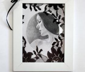 Framed Art reproduction "You whispered: Come..." black and white, gothic style **