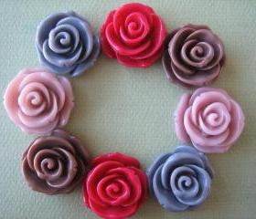 8PCS - Rose Flower Cabochons - 24mm - Resin - Crimson, Gray, Sienna and Rosy Brown - Cabochons by ZARDENIA
