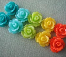 10PCS - Mini Rose Flower Cabochons - 10mm - Resin - Turquoise, Aqua, Green, Yellow and Orange - Cabochons by ZARDENIA