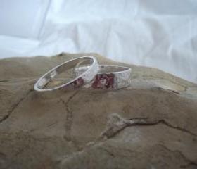 Silver textured rings: A set of personalised square patterned textured sterling silver his and hers rings