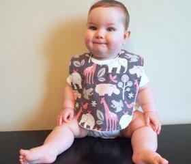 minky Baby bib girl pink grey safari giraffe hippo elephant frogs snap