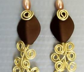 Dangling Earring Pair, Golden Brass Egyptian Swirl Link and rich brown and peach beads