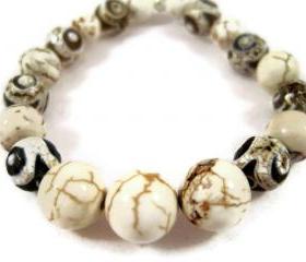 Bracelet, White Turquoise, Tibetan Crackle Agate Gemstone Stretch Bracelet, Adjustable, Nature Inspired, Unisex Jewerly