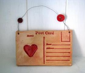 Ceramic Heart Postcard. Lightly glazed in red. Made in Wales, UK, Handmade. Ready to ship.