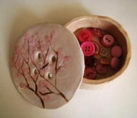 Spring Cherry Blossom Ceramic Button Pot. Handmade in Wales, UK