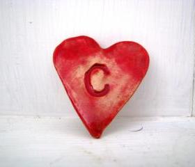 Initial Letter heart brooch / pin / button / badge. Ceramic. Made in Wales, UK 