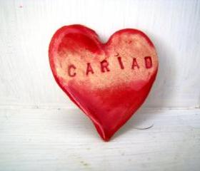 Cariad / Love heart brooch / pin / button / badge. Ceramic. Made in Wales, UK